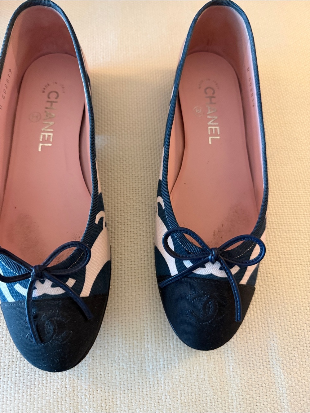 CHANEL Navy, White and Pink Canvas Cap-Toe Ballerina Flats